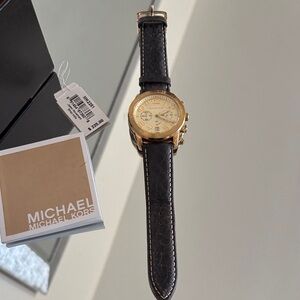 Michael Kors Gold Case Black and Tan Strap Watch